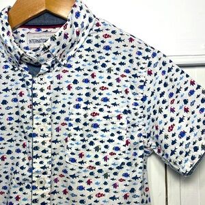 INTERNATIONAL REPORT EUC 100% Cotton Colorful Fish Short Sleeve Button Down
